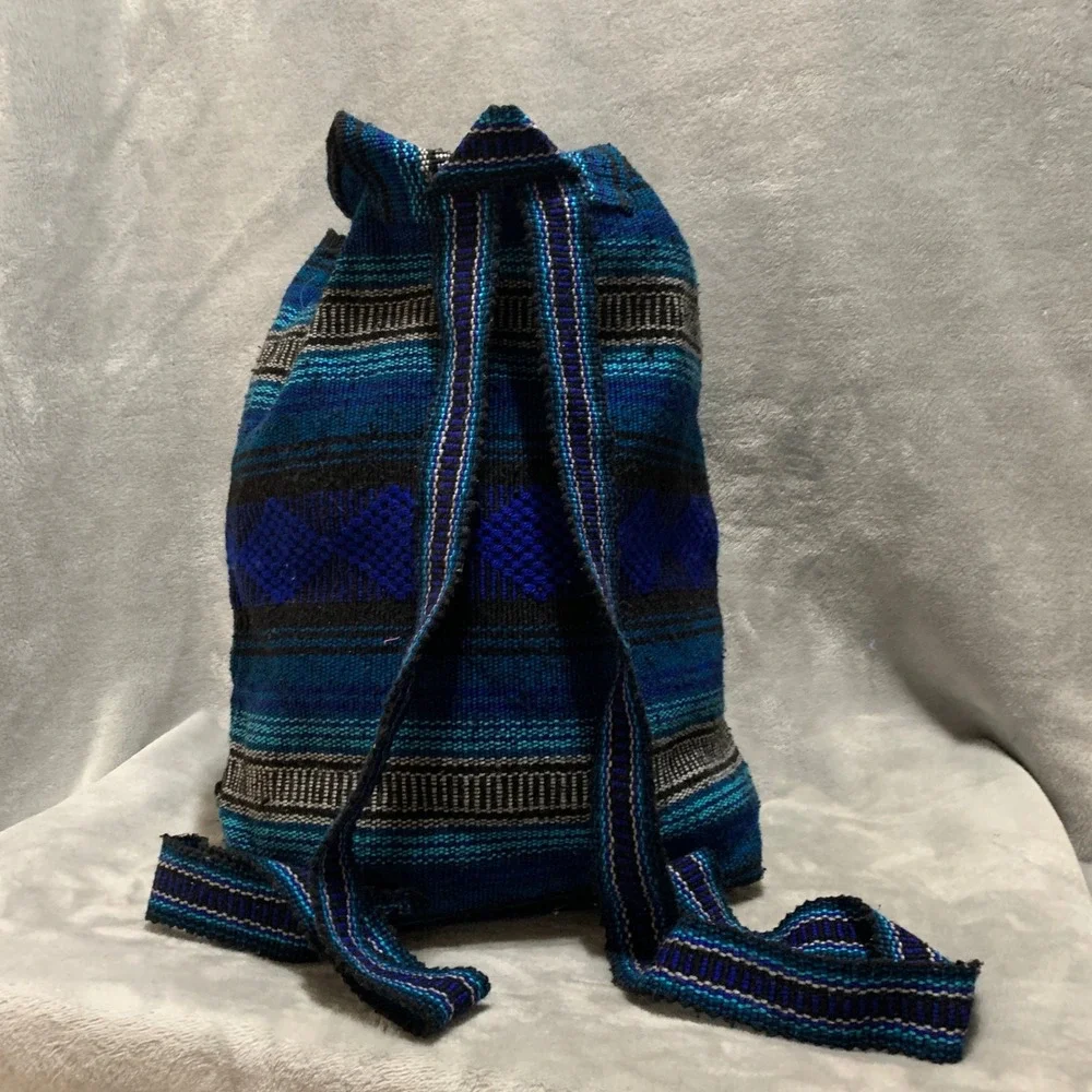 Lillo Woven Drug Rug Backpack Blue Black Striped Boho Drawstring Rucksack‎